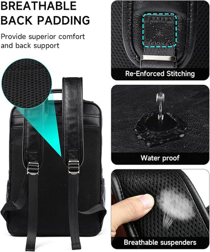 Leather Backpack Laptop 15.6 inch Lightweight Retro Business College Casual Travel Overnight Daypack Work backpack black Gift
