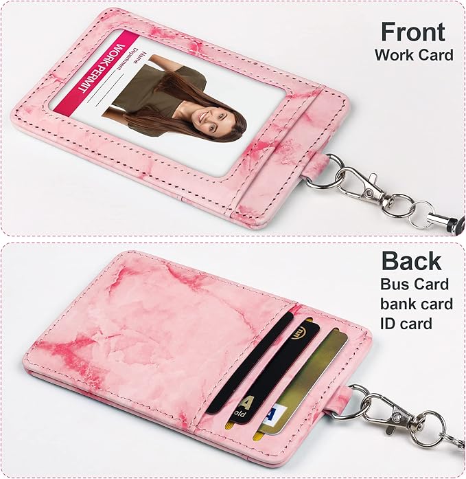 ID Badge Holder with Lanyard Marble Pattern Retractable Badge Holder PU Leather with Clear ID Window 1 Credit Card Case Name Badge Keychain Tags Protector for Women Nurse Teacher Office (Pink)