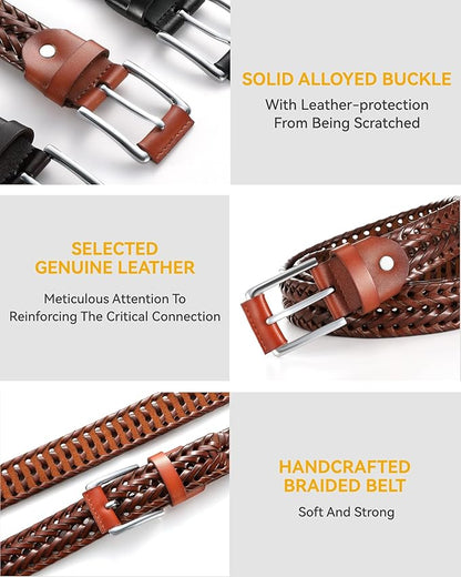 CHAOREN Mens Braided Leather Belt, Casual Woven Leather Belt for Men 35mm Width for Dress Jeans Golf