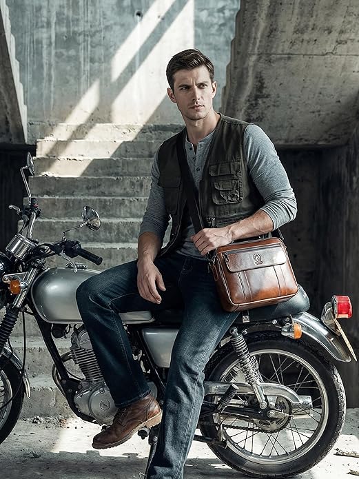 Men's Leather Crossbody Bag - Casual Messenger Shoulder Bag for Commuting, Large Capacity Laptop Briefcase with Multi-Pockets for Office