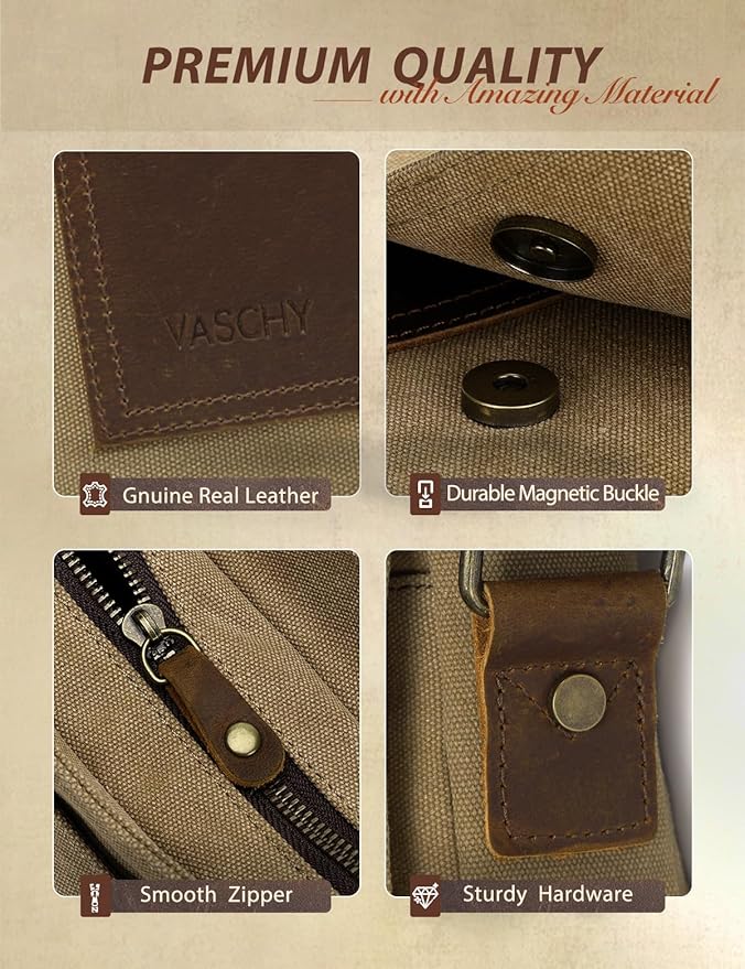 VASCHY Small Messenger Bag, Vintage Canvas Leather Lightweight Crossbody Bag