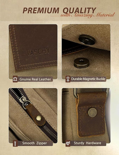 VASCHY Small Messenger Bag, Vintage Canvas Leather Lightweight Crossbody Bag