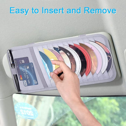 Car CD Case Holder, Wisdompro Vehicle Sun Visor Organizer for Cars with 12 DVD Storage Sleeves, 1 Mesh Pocket, 1 Pen Holder and Elastic Strap, Gray