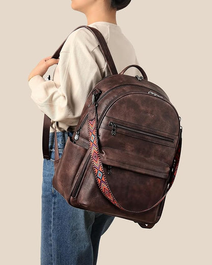 FADEON 15.6 inch Laptop Backpack Purse for Women Designer PU Leather Computer Backpacks Fashion for Work Travel Coffee Brown