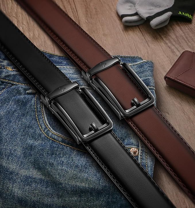 BULLIANT Men Ratchet Belt 2 Pack, Click Sliding Leather Belt Adjustable for Gift Men Dress Casual Jeans 1 3/8,Cut for Fit