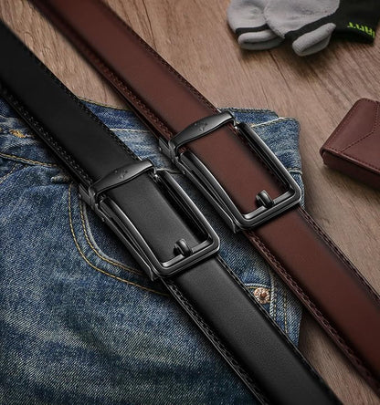 BULLIANT Men Ratchet Belt 2 Pack, Click Sliding Leather Belt Adjustable for Gift Men Dress Casual Jeans 1 3/8,Cut for Fit