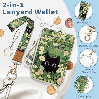 Lanyard Wallet with Id Badge Holder, Floral Cat RFID Small Keychain Wallet Women Wristlet, Cute Zipper Credit Card Holder Phone Wrist Neck Strap for Key Name Tag, Teacher Student Office Gifts