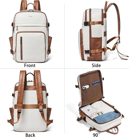 Travel Backpack for Women and Men, Fits 17.0" Laptop, Stylish Lay-Flat Carry-on Vegan Leather Backpack with Luggage Strap for Travel and Daily Use