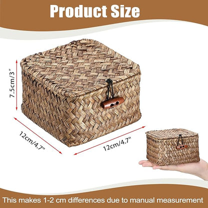 Hipiwe Handwoven Seagrass Basket Bin Small Decorative Shelf Basket Boxes with Lid Wicker Storage Baskets Bins Multipurpose Table Organizer for Key Home Decor, 4.7"L x 4.7"W x 3"H