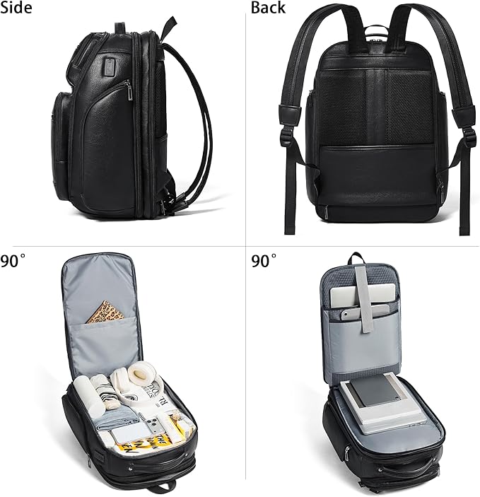 Vegan Leather Backpack, 40L Expandable, TSA Travel Backpack for Men and Women, Fits 17.0 Inch Notebook with Luggage Strap and USB Port, Black