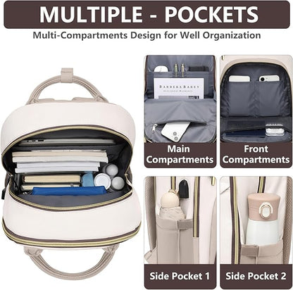 Laptop Backpack for Women Work Bag - 15.6 inch Travel Backpack Purse with USB Charger College Bookbag Waterproof Cute Casual Daypack Fashion Business Computer Backpacks for Teacher Nurse Beige Nude
