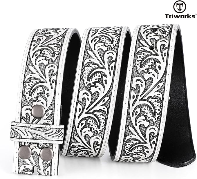 TRIWORKS Western Belt Strap for Men without Buckle 1.5" Wide Floral Engraved Embossed Leather Belt Strap