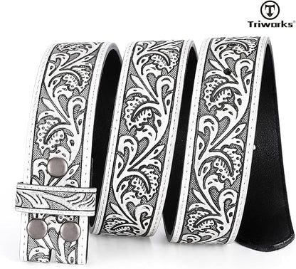 TRIWORKS Western Belt Strap for Men without Buckle 1.5" Wide Floral Engraved Embossed Leather Belt Strap