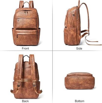 Vegan Leather Backpack for Women and Men, Fits 16.0 Inch Laptop, Multi-Pocket Design with Water Bottle and Luggage Strap, Ideal for Work, Travel, and Daily Use, Brown