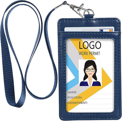 Teskyer Badge Holder with Lanyard, Leather ID Name Badge Card Holder with Lanyard for ID Badges, Vertical Blue