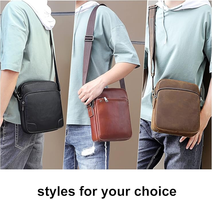 Augus Leather Messenger Crossbody Shoulder Bag for Men Work Business Casual Adjustable Straps (Black-1)