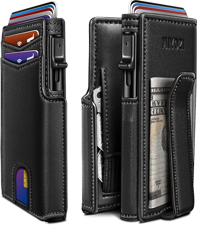 miyozi Wallet for Men, Magnetic Minimalist Slim Wallet with Pop Up Card Holder, 9 Cards RFID Blocking Metal Credit Card Case, Leather Wrapped Money Clip, ID Window & Small Item Slot, Gift Boxed