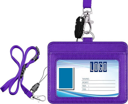 Wisdompro 2-Sided PU Leather ID Badge Holder with 1 ID Window and 1 Card Slot and 1 piece 23 Inch Adjustable Polyester Detachable Neck Lanyard Strap (Holds 3 to 4 Cards) - Purple (Horizontal)