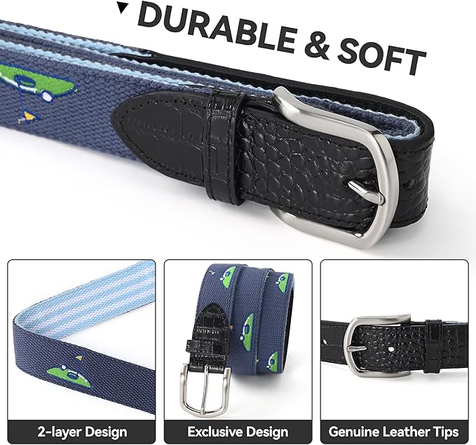 Mile High Life Golf Belts for Men, Canvas Belt with Genuine Leather Tips, Embroidered 2 Layer Web Belt with Pin Buckle