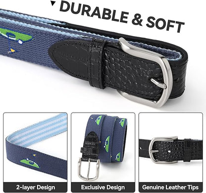 Mile High Life Golf Belts for Men, Canvas Belt with Genuine Leather Tips, Embroidered 2 Layer Web Belt with Pin Buckle