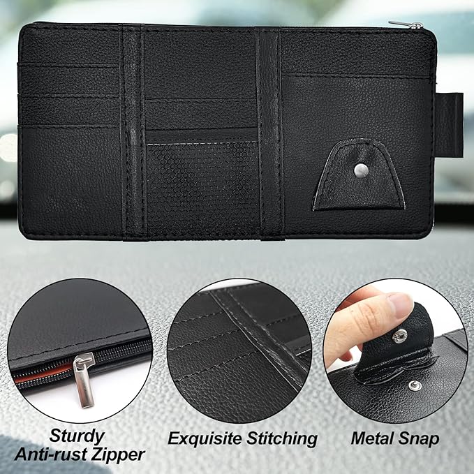 Keedolla Car Sun Visor Organizer, Auto Interior Accessories Pocket Organizer Visor Storage Pouch Sunglasses Holder with Zipper Pocket for Truck, SUV - Black
