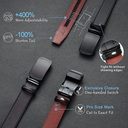 DOOPAI Men's 2 Pack Ratchet Dress Belt - Adjustable 1 3/8" Genuine Leather, Size Length Can Be Cut, With Gift Box