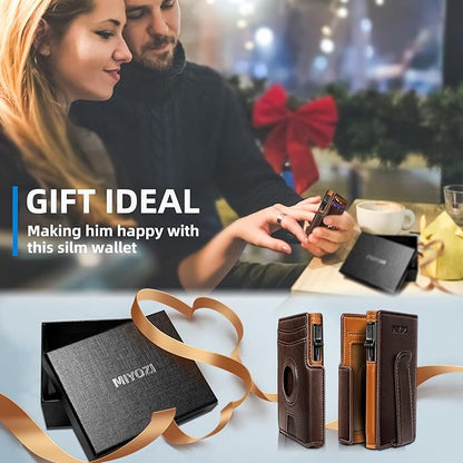 miyozi Airtag Wallet for Men,with Money Clip 10 Cards Metal Case Smart Slim Pop Up Credit Card Holder Flip with Magnetic Closure RFID Blocking wallet with Gift Box