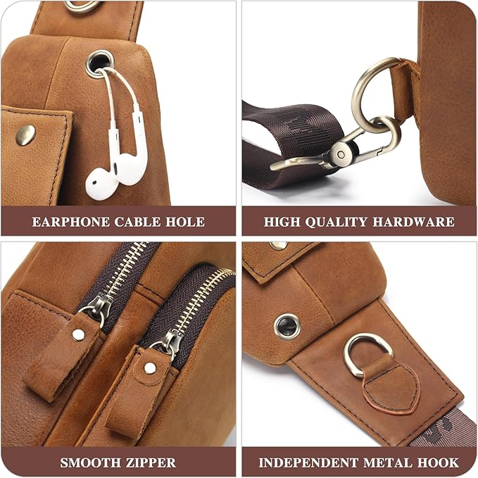 Mens Sling Bag Genuine Leather Crossbody Bags for Men Small Sling Chest Backpack Casual Man Bag Hiking Outdoor, Brown