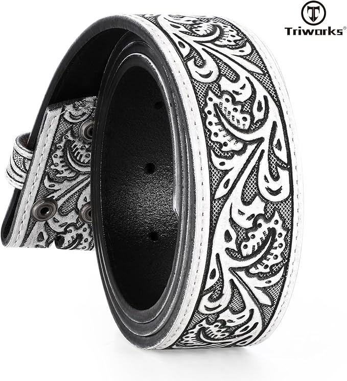 TRIWORKS Western Belt Strap for Men without Buckle 1.5" Wide Floral Engraved Embossed Leather Belt Strap