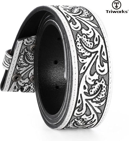 TRIWORKS Western Belt Strap for Men without Buckle 1.5" Wide Floral Engraved Embossed Leather Belt Strap