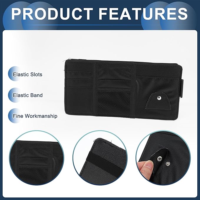 Car Sun Visor Organizer, Auto Visor Storage Pouch with Zipper W/Elastic Slot with Sunglasses Holder for Cards License Pen Organizer PU Leather Black