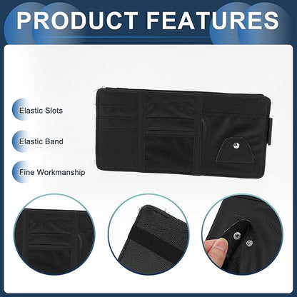 Car Sun Visor Organizer, Auto Visor Storage Pouch with Zipper W/Elastic Slot with Sunglasses Holder for Cards License Pen Organizer PU Leather Black