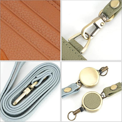 Wason Badge Holder Card Wallet Real Leather with Zipper, Detachable Neck Lanyard, Hand Strap, Retractable Badge Reel, Multi Purpose Case for ID Permit Badge Coin Key Driver's License (Light Green)