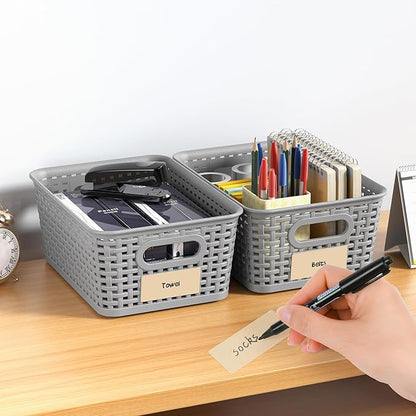 Gray Plastic Storage Baskets - Pack of 8 with Labels Stackable Durable Storage Bins, Storage Containers for Organizing Desks, Closets, Playrooms, Classrooms, Offices