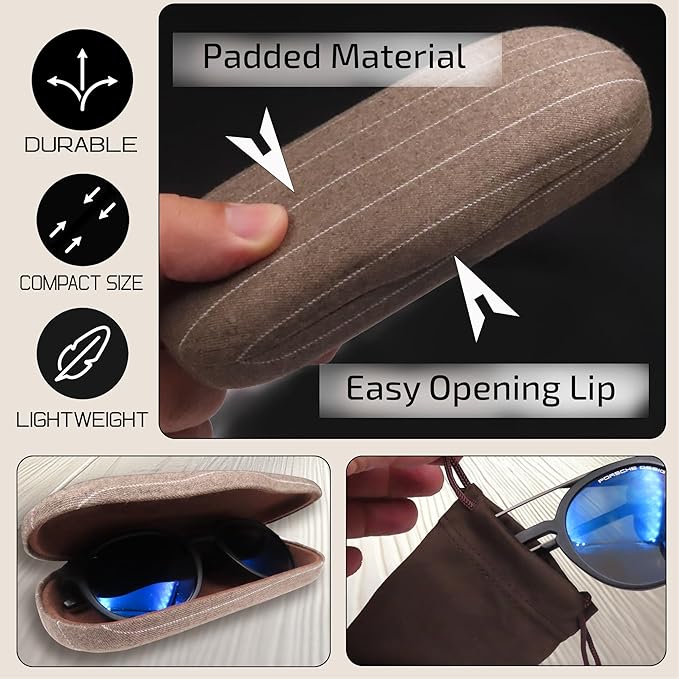 MyEyeglassCase Men's Medium Glasses Case - Classic Eyeglasses Hard Shell Holder, Elegant Easy Open Lip with Pouch and Cloth
