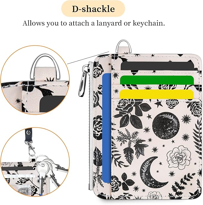 Hancynir Goth Moon Floral Slim Wallet Women Credit Card Holder Gothic Flower RFID Blocking Small Cute Card Wallets Mini Front Pocket PU Leather Thin Travel Zipper Coin Cash Ladies Female Wallet Gifts