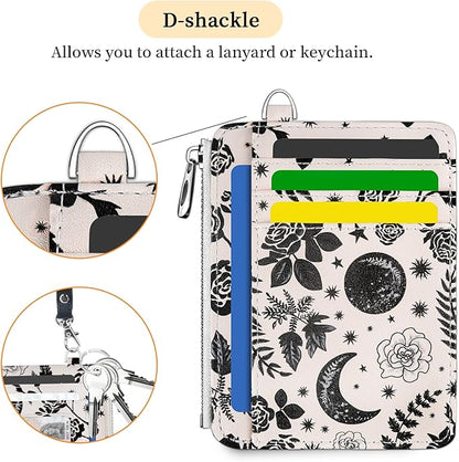 Hancynir Goth Moon Floral Slim Wallet Women Credit Card Holder Gothic Flower RFID Blocking Small Cute Card Wallets Mini Front Pocket PU Leather Thin Travel Zipper Coin Cash Ladies Female Wallet Gifts