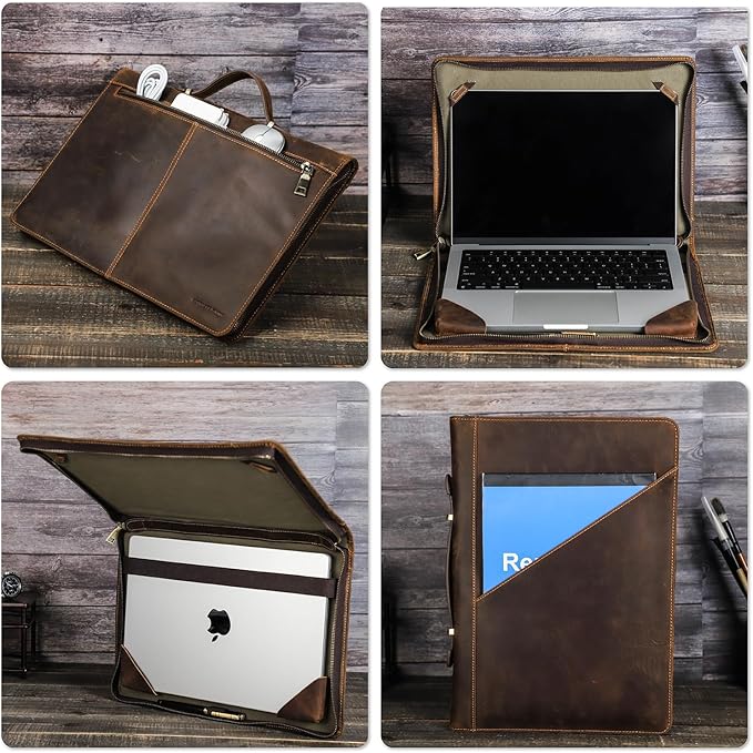 Top Grain Leather Text Custom Laptop Folio Case Protector, Vintage Open/Zipper Style, Fully Handmade, Compatible with MacBook Pro/Air 13.3"/14"/15"/16.2" & Other PC & Accessories