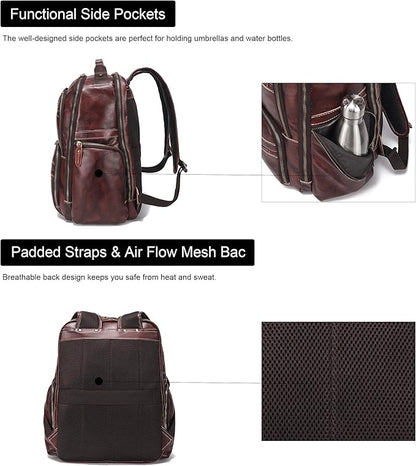 LANNSYNE Vintage Full Grain Leather Backpack For Men, 17.3'' Laptop Bag Causal Rucksack Shoulder Bag Overnight For Business/Hiking/Travel