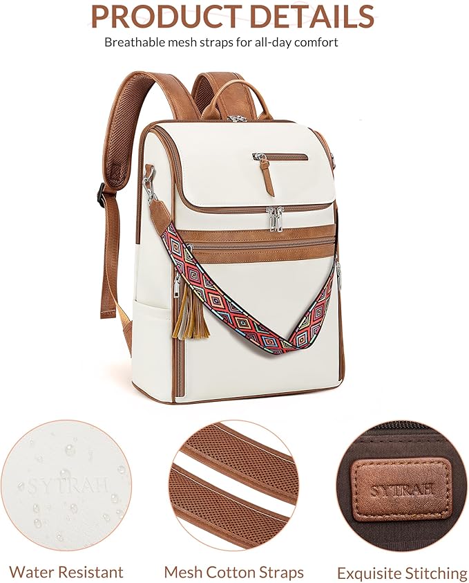 SYTRAH Leather Laptop Backpack for Women Designer Laptop Bag, 16.5 inch Travel Computer Backpacks Purse with Tassel for Work Business with Satchel Purse Beige Brown