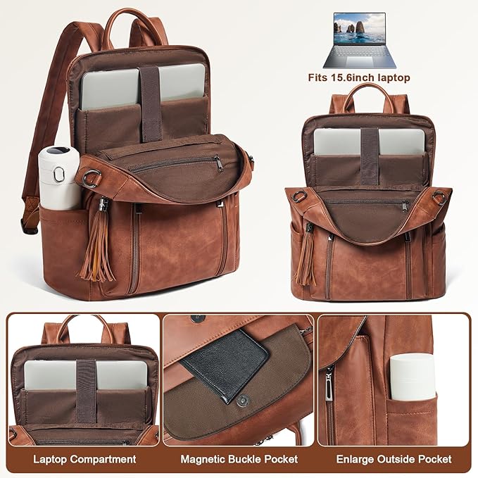 Shrrie Laptop Backpack for Women 15.6 inch,Travel Leather Backpack Purse Nurse Teacher Carry on Backpack Computer Bag,Professional Water-Resistant College Business Work Casual Daypack,Nubuck Brown