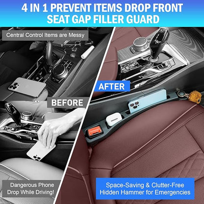2PCS Car Seat Gap Filler Organizer 4In1 Between Seat & Console Inserts Gap Stopper Plug with Fill,Storage,Hook Function & Concealed Small Hammer,Upgraded Universal No Drop Seat Guard for Cars (Black)