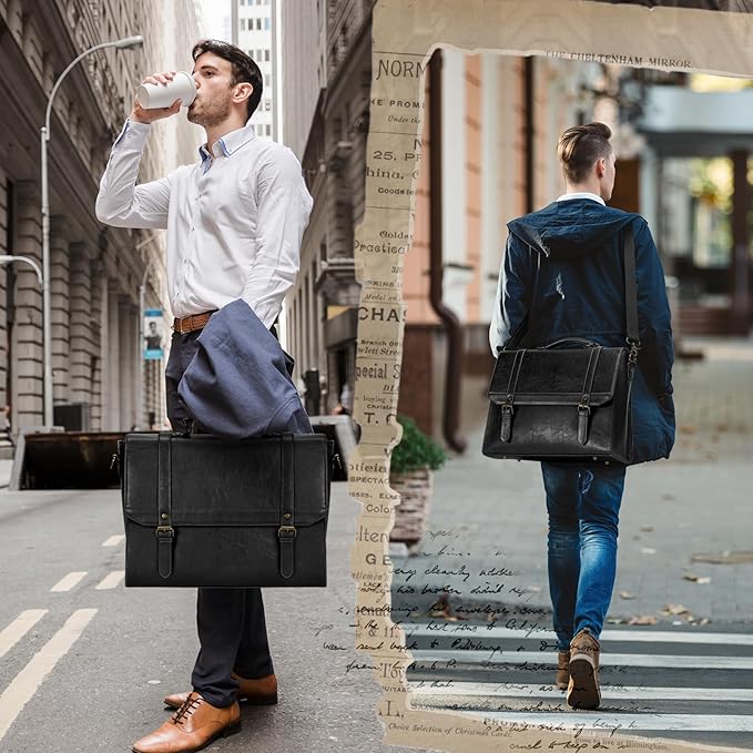 IGOLUMON Messenger Bag for Men 18 inch Vintage Leather Waterproof Laptop Briefcase Large Computer Laptop Bag Leather Satchel Bag Retro Shoulder Bag for Office Business Travel College, Black