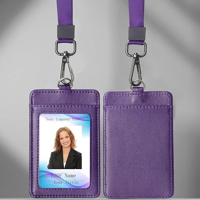 Leather Badge Holder with Adjustable Lanyards,Swivel Metal Clasp for Offices, Staff, Students, Employees(Purple)