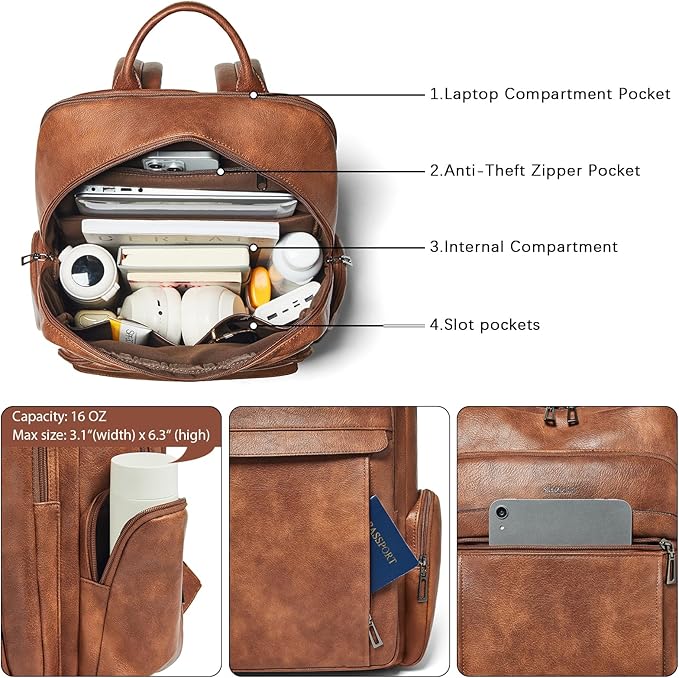 Shrrie Leather Laptop Backpack for Women with 17 inch Vegan Leather Computer Backpack Purse for Travel College Work