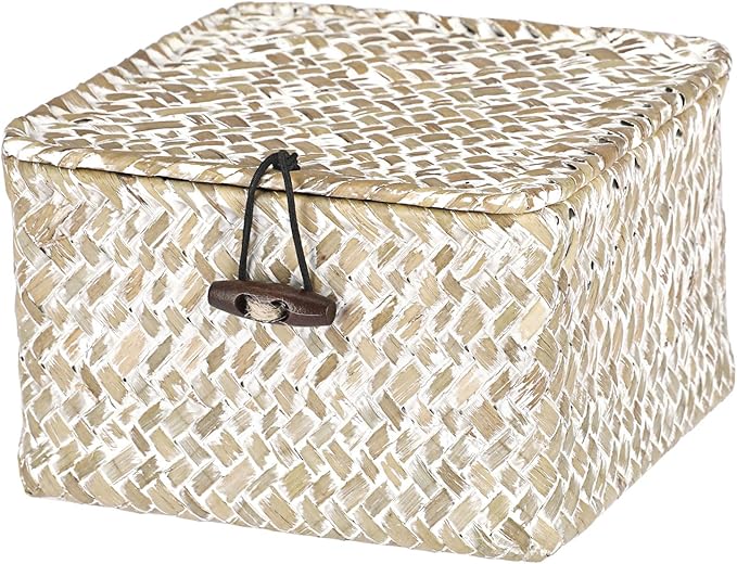 Hipiwe Wicker Shelf Baskets with Lid Handwoven Seagrass Storage Box Decorative Basket Bin Household Organizer Bin for Shelf Bathroom Coffee Table Decor Organizer, X-small