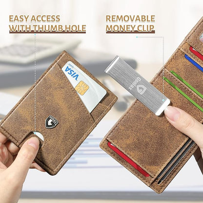 GSOIAX Slim Leather RFID Bifold Wallet for Men Minimalist Front Pocket Wallet with Money Clip,12 Card Slots,ID Window,Cool Groove Design,Includes Gift Box (Retro Brown)