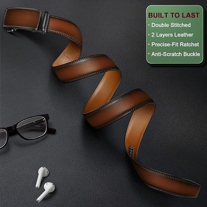 KEMISANT Men Belt Ratchet Click Belt Genuine Leather Adjustable For Men Golf Dress Casual Jeans 1 3/8-Cut For Fit