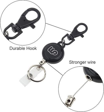 Wisdompro Badge Holder with Retractable Reel, Double Sided PU Leather ID Badge Card Holder Wallet with Zipper Pocket, 5 Card Slots for Office School ID, Driver's License - Black