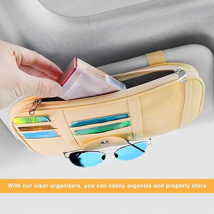 Car Sun Visor Organizer, Multi-Pocket Leather Auto Storage Pouch with Glasses Clip & Zippers, Multifunctional Sun Visor Storage Bag Ticket Organizer for Cars Trucks SUVs (Beige)